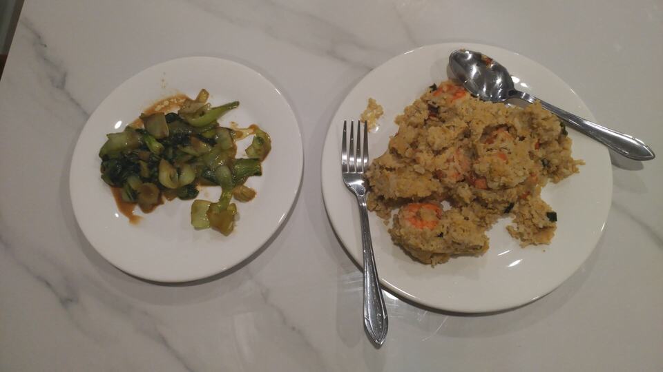 Stir-fried vegetables with soy sauce again, and egg fried rice with prawn. Photo taken on 17 September, 2025.